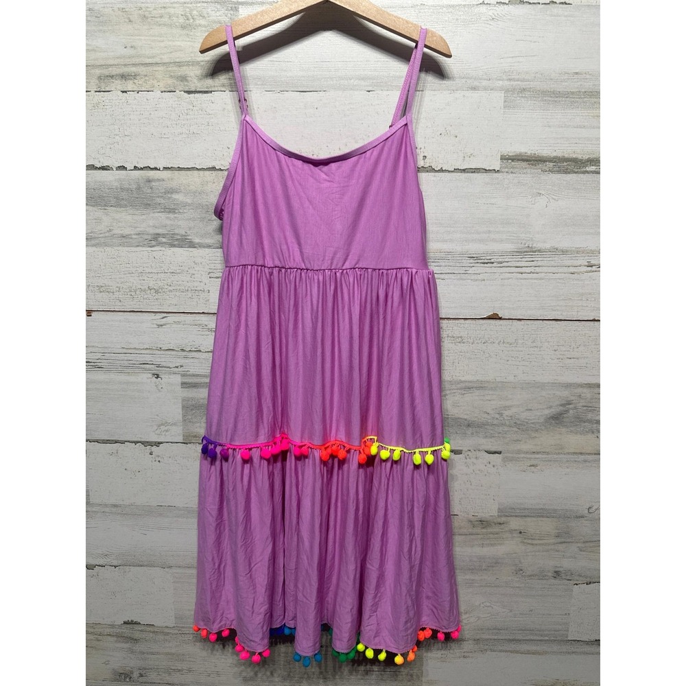 Beach Lingo Tiered Midi Dress Girls Large Rainbow Pom-Pom Trim NWT